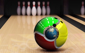 Сфера на дорожке для боулинга и кегли на заднем плане, 3д графика