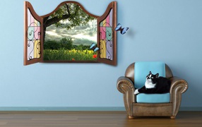 Черно белый кот лежит на кресле у окна