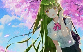 Девушка аниме с зелеными волосами и карими глазами