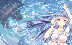 Девушка аниме с длинными волосами в воде