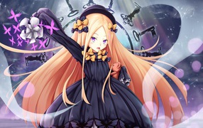 Девушка аниме с розовыми волосами в фиолетовом платье 