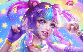 Яркая девушка аниме с фиолетовыми волосами