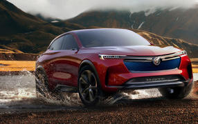Red SUV Buick Enspire, 2018 rides on the water