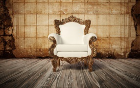 Белое новое кожаное кресло на деревянном полу у старой стены