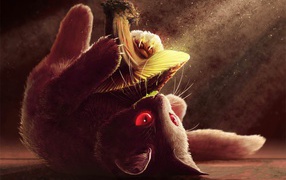 Нарисованный котенок с грибом 