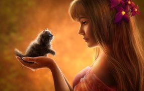 Девушка с цветами в волосах и с маленьким котенком в руках, фэнтези