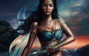 Красивая девушка воин с кинжалом в руках, фэнтези