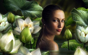 Девушка фэнтези на фоне белых цветов лотоса