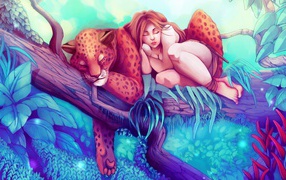 Девушка спит на ветке дерева с леопардом, фэнтези