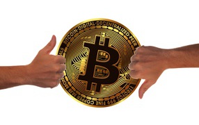 Две руки оценивают монету биткоин на белом фоне