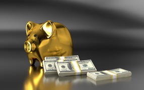 Pig money box on gray background with packs of dollars