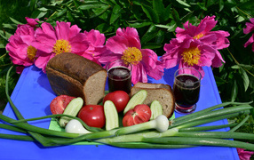 Black bread, vegetables and wine on a background of pink peonies