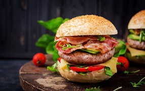 Delicious appetizing hamburger with bacon
