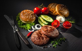 Ingredients for a hamburger on a table