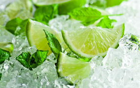 Pieces of fresh lime with mint leaves lie on ice