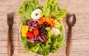 Salad with vegetables and green lettuce leaves in a plate on a table with cutlery