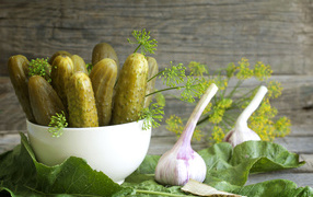 Salted cucumbers on the table with garlic and dill
