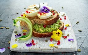 Sandwich with egg and flowers on a board