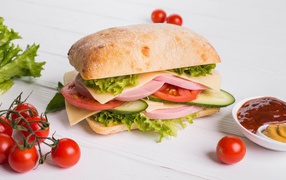 Sandwich with sauce and tomatoes on the table
