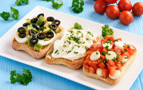 Three appetizing sandwiches on a table with tomatoes and parsley