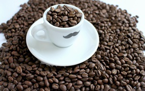 Белая чашка с жареными кофейными зернами стоит на столе с кофейными зернами