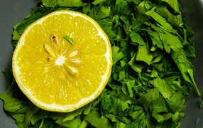Половина желтого лимона с нарезанной зеленью петрушки 