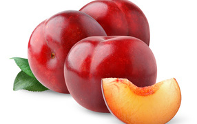 Juicy ripe pink plums on a white background