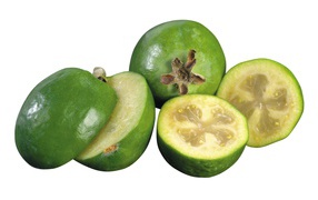 Ripe feijoa fruits on a white background.