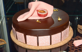 A beautiful chocolate cake with pink inserts