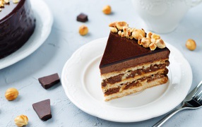 A piece of mouth-watering cake with nuts on a white plate