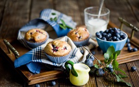 Appetizing cupcakes on a table with berries of a thorn