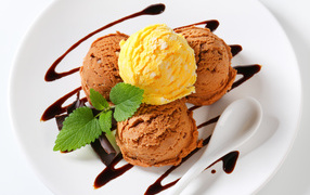 Шарики кофейного и фруктового мороженого на белой тарелке