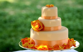 Красивый оранжевый свадебный торт с лепестками розы
