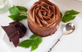 Cake with chocolate cream rose on a plate