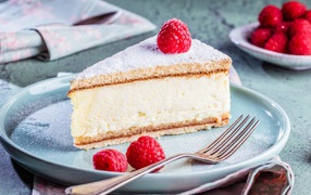 Cheesecake with powdered sugar and raspberries on a plate