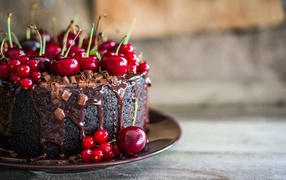 Шоколадный торт с ягодами вишни и красной смородины