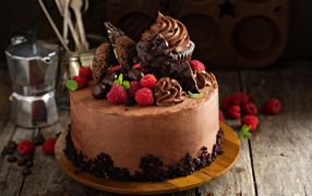 Шоколадный торт со сладостями и ягодами малины