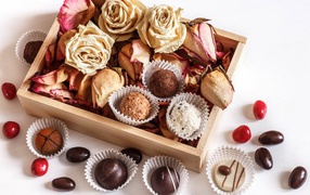 Chocolates with dry roses in a box