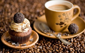 Cupcake with cream and a cup of coffee are on the coffee beans