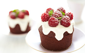 Cupcake with cream and raspberry berries on a white plate