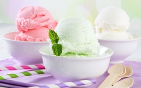 Шарики фруктового мороженого с листьями мяты