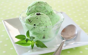 Green balls of ice cream with chocolate and mint on a plate with a spoon