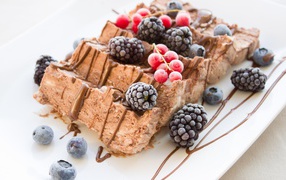 Мороженое с ягодами ежевики и красной смородины на белой тарелке 