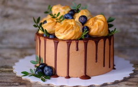 Mousse cake with profiteroles and blueberries