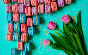 Multicolored desserts macaroons on a table with tulips