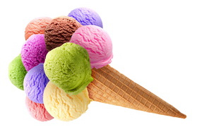 Разноцветные шарики мороженого в вафельном рожке на белом фоне