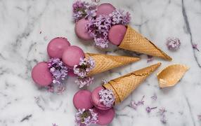 Waffle horns with macaroons and lilac flowers