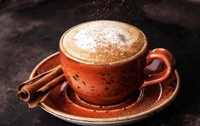 A cup of coffee with foam on a saucer with cinnamon
