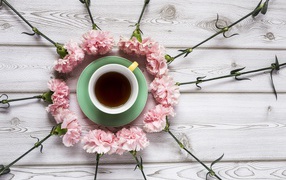 A cup of tea with pink carnations on a wooden background