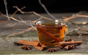 A cup of tea with star anise and cinnamon  